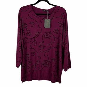 Made in Italy Abstract Face Print Top Medium Oversized Magenta Black Artsy NWT